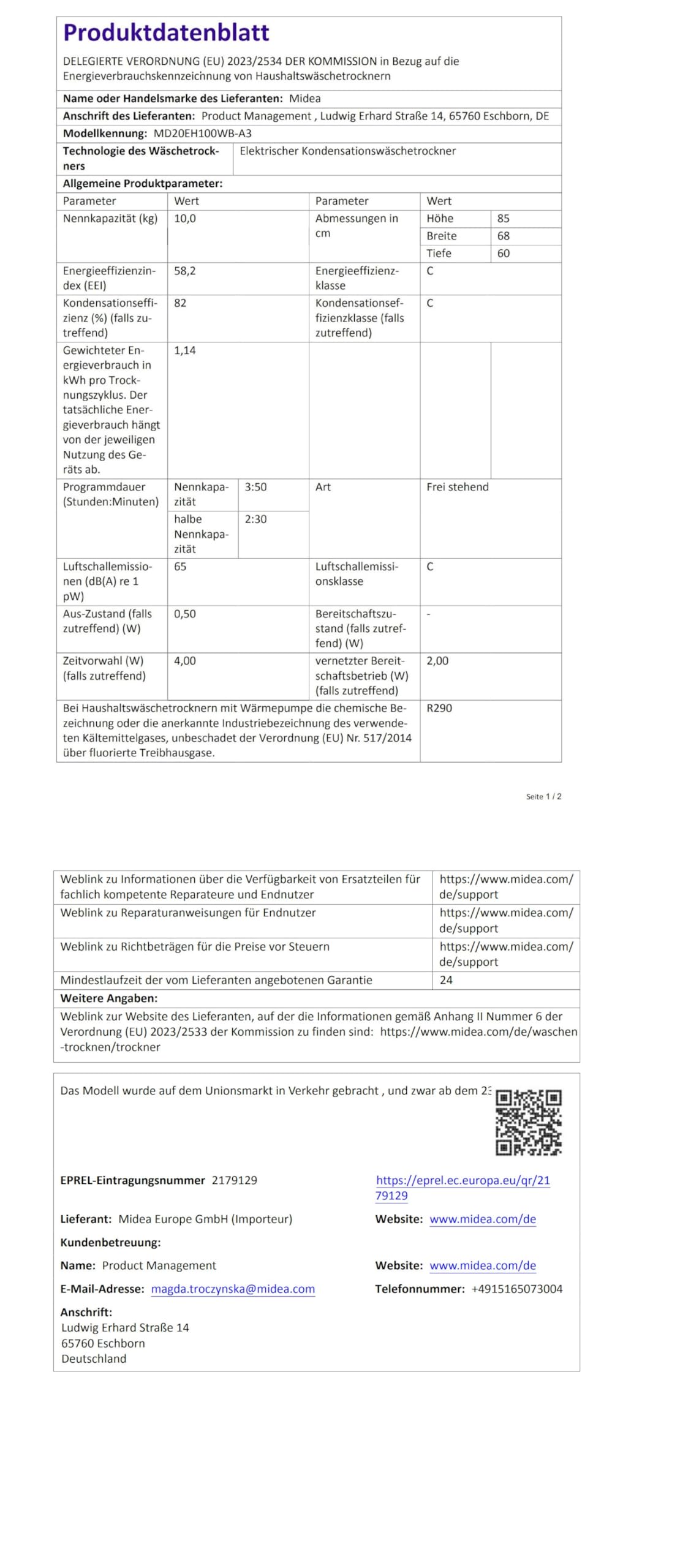 Midea Wärmepumpentrockner 8 kg Energieklasse C Fernsteuerung MD20EH80WB-A3