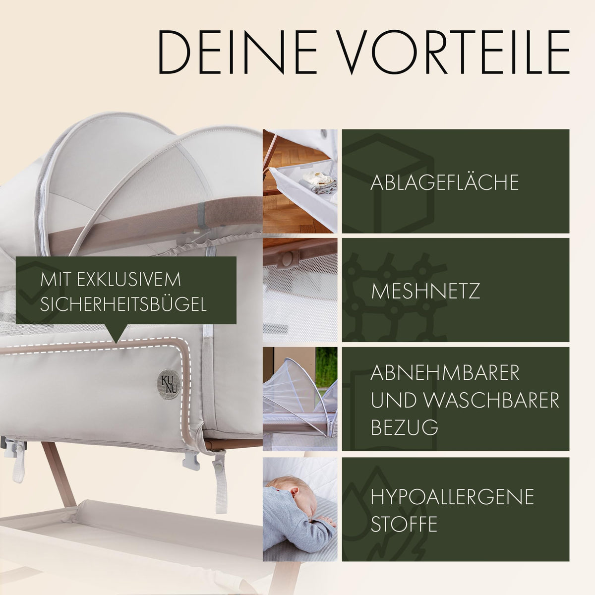 KUNU® Babybett - Beistellbett Baby mit Rollen für Boxspringbett - 3 in 1 rollbares Baby Bett Reise Babywiege