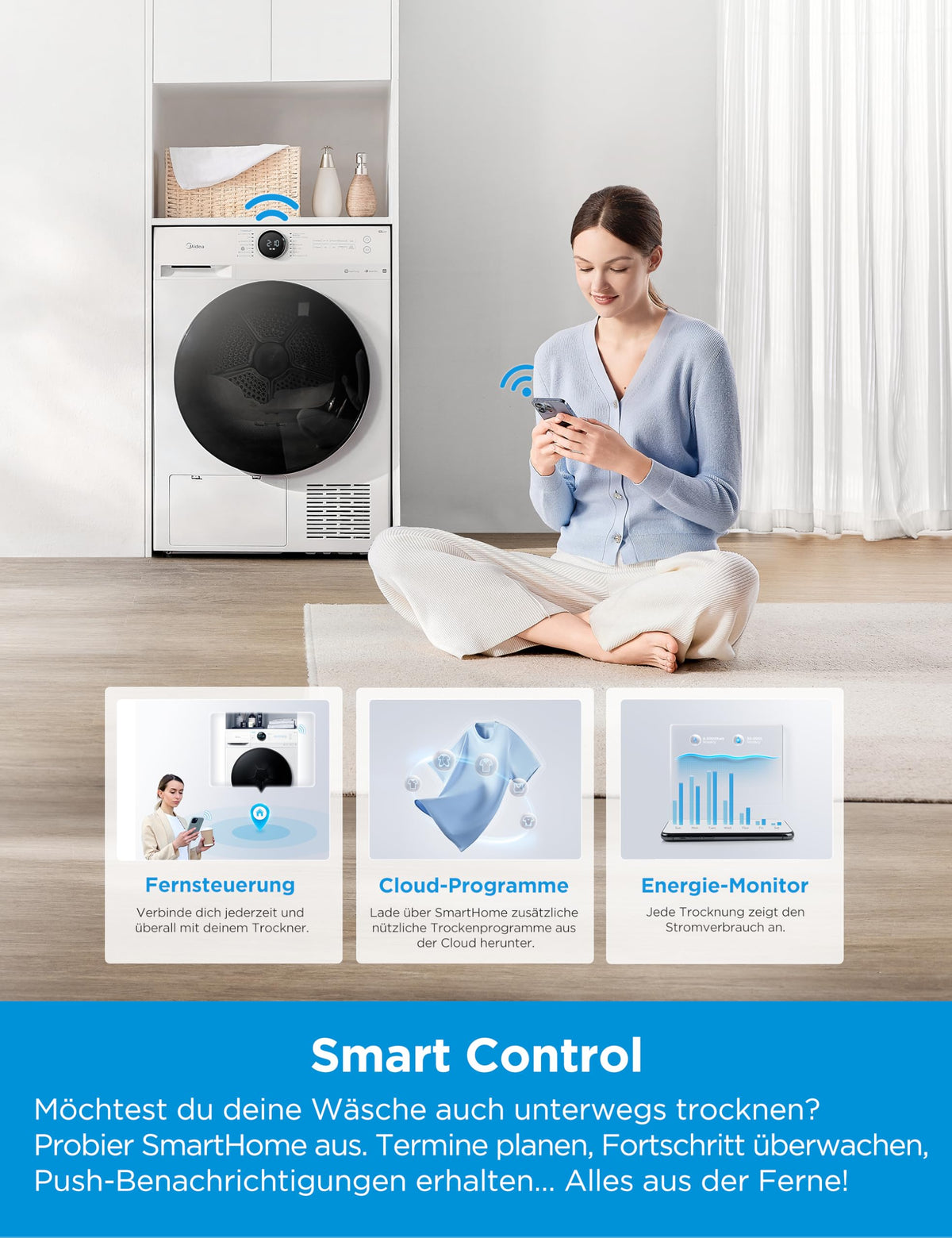 Midea Wärmepumpentrockner 8 kg Energieklasse C Fernsteuerung MD20EH80WB-A3