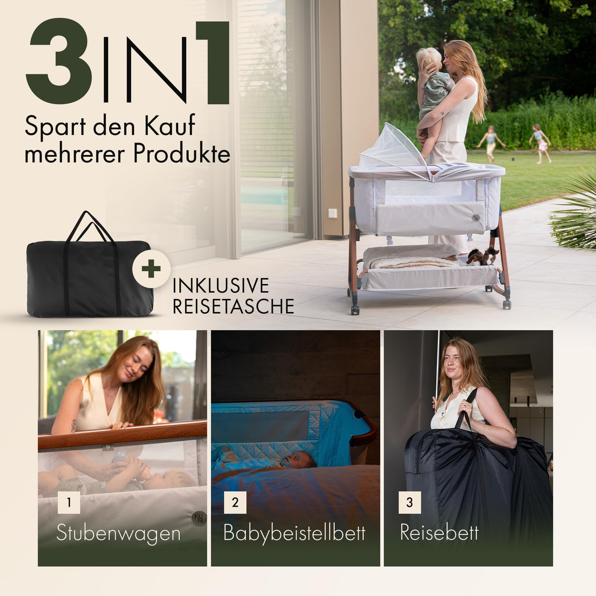 KUNU® Babybett - Beistellbett Baby mit Rollen für Boxspringbett - 3 in 1 rollbares Baby Bett Reise Babywiege