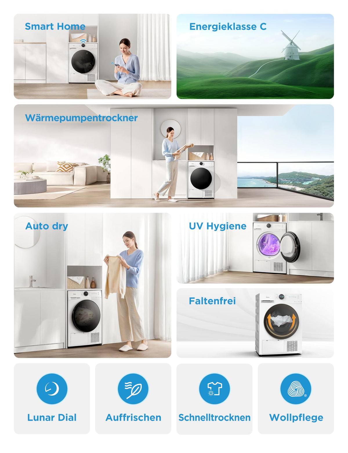 Midea Wärmepumpentrockner 8 kg Energieklasse C Fernsteuerung MD20EH80WB-A3