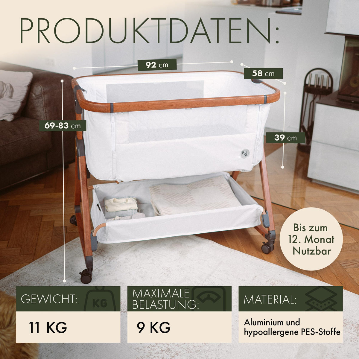KUNU® Babybett - Beistellbett Baby mit Rollen für Boxspringbett - 3 in 1 rollbares Baby Bett Reise Babywiege