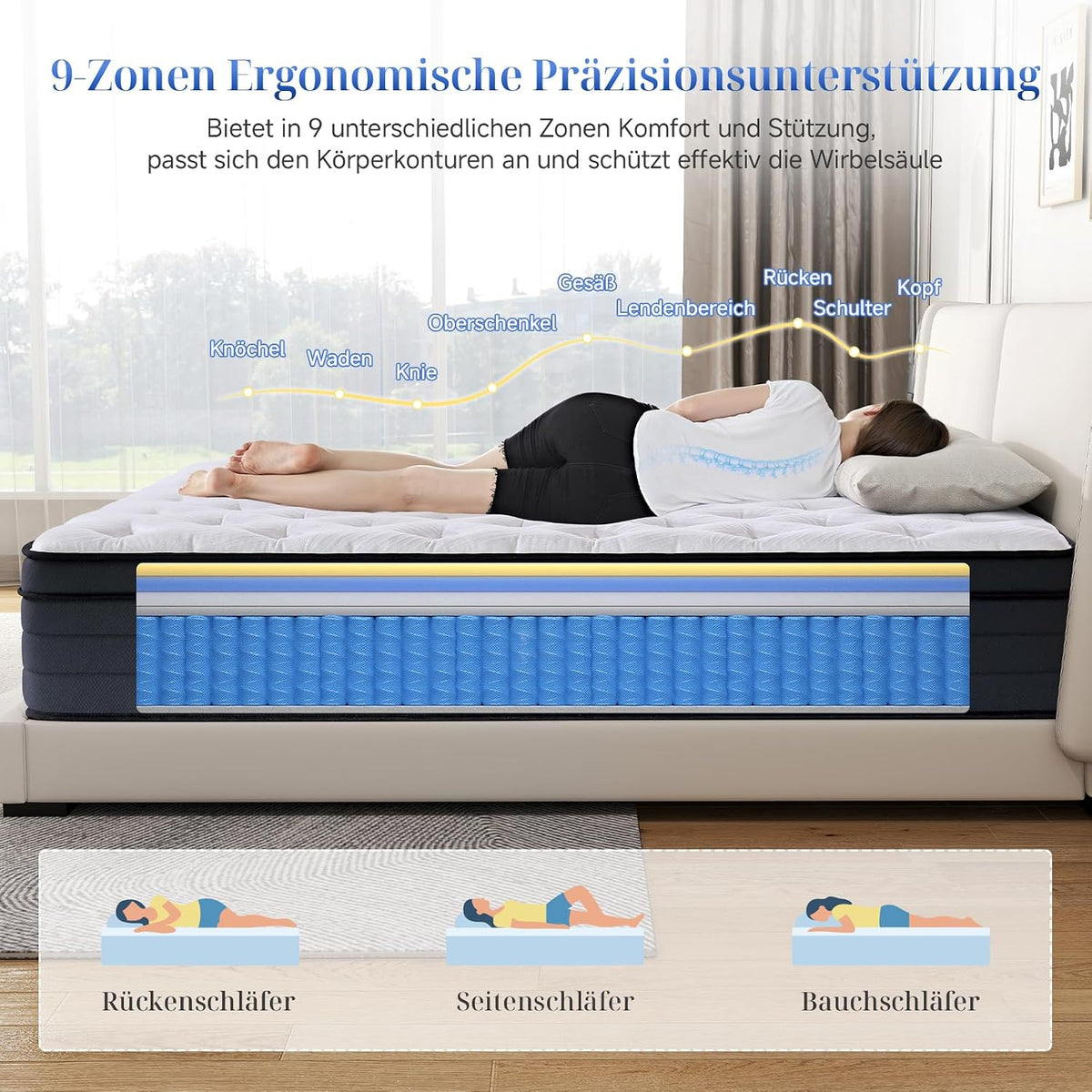 Suilong Matratze 180x200, Hoch 30cm, 7-Zonen Hybrid Taschenfederkern, H3-H4