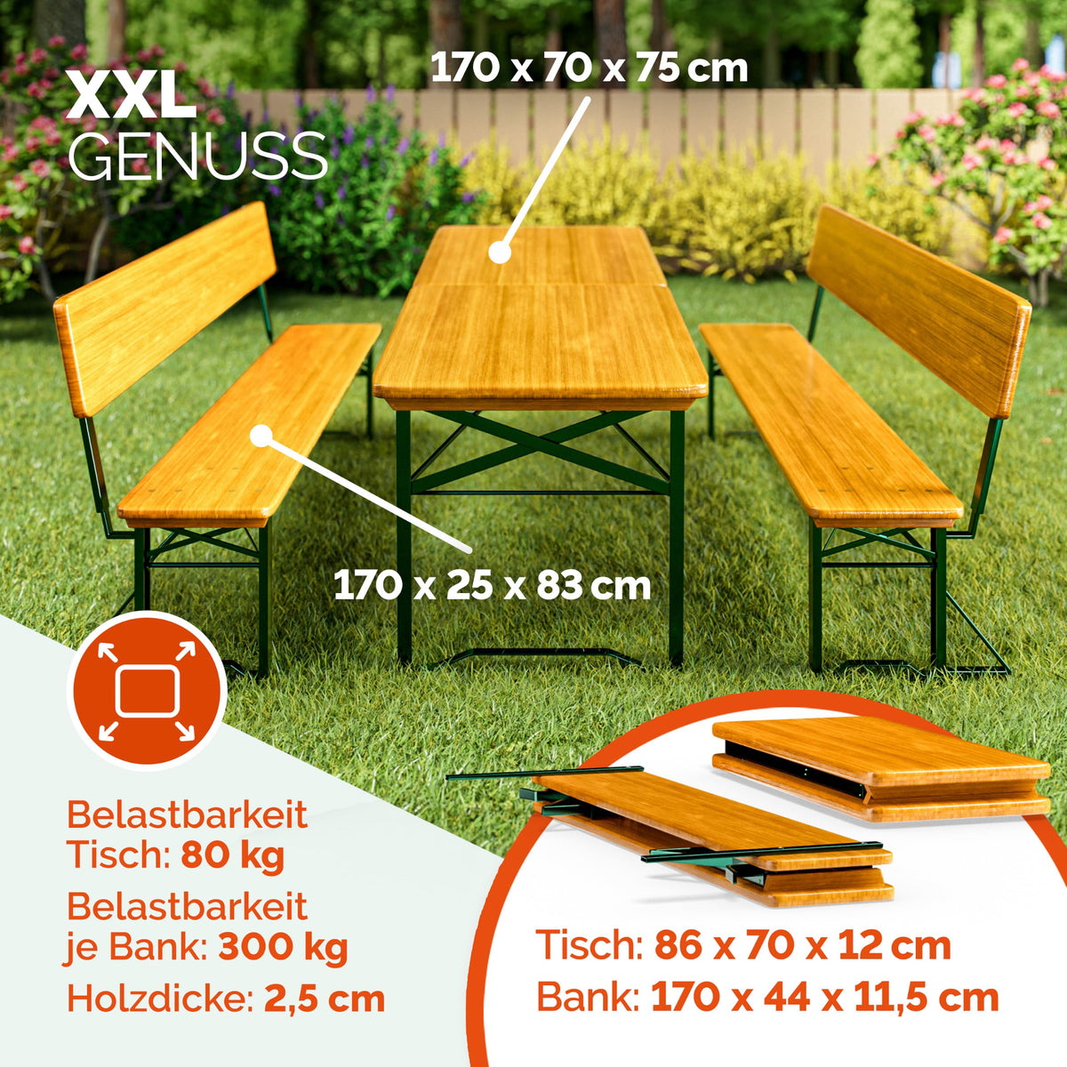 CASARIA® 2er Set Bierzeltgarnitur mit Lehne 170 cm Klappbar Stabil 2X Bierbank 1x Breiter Tisch Holz Biertischgarnitur Festzeltgarnitur Biergarten